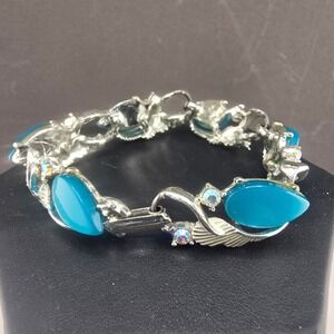 Vintage Estate Link Bracelet Blue Thermoset AB Rhinestone Silver Tone 6.75in